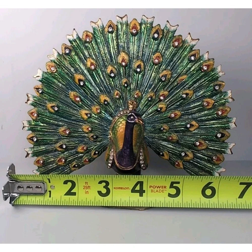 Sorelle Peacock Trinket Box Gold tone Hinged Storage Colorful Bejeweled